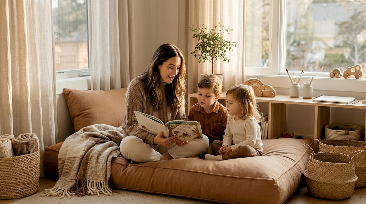 Family enjoying cozy home corner reading together
