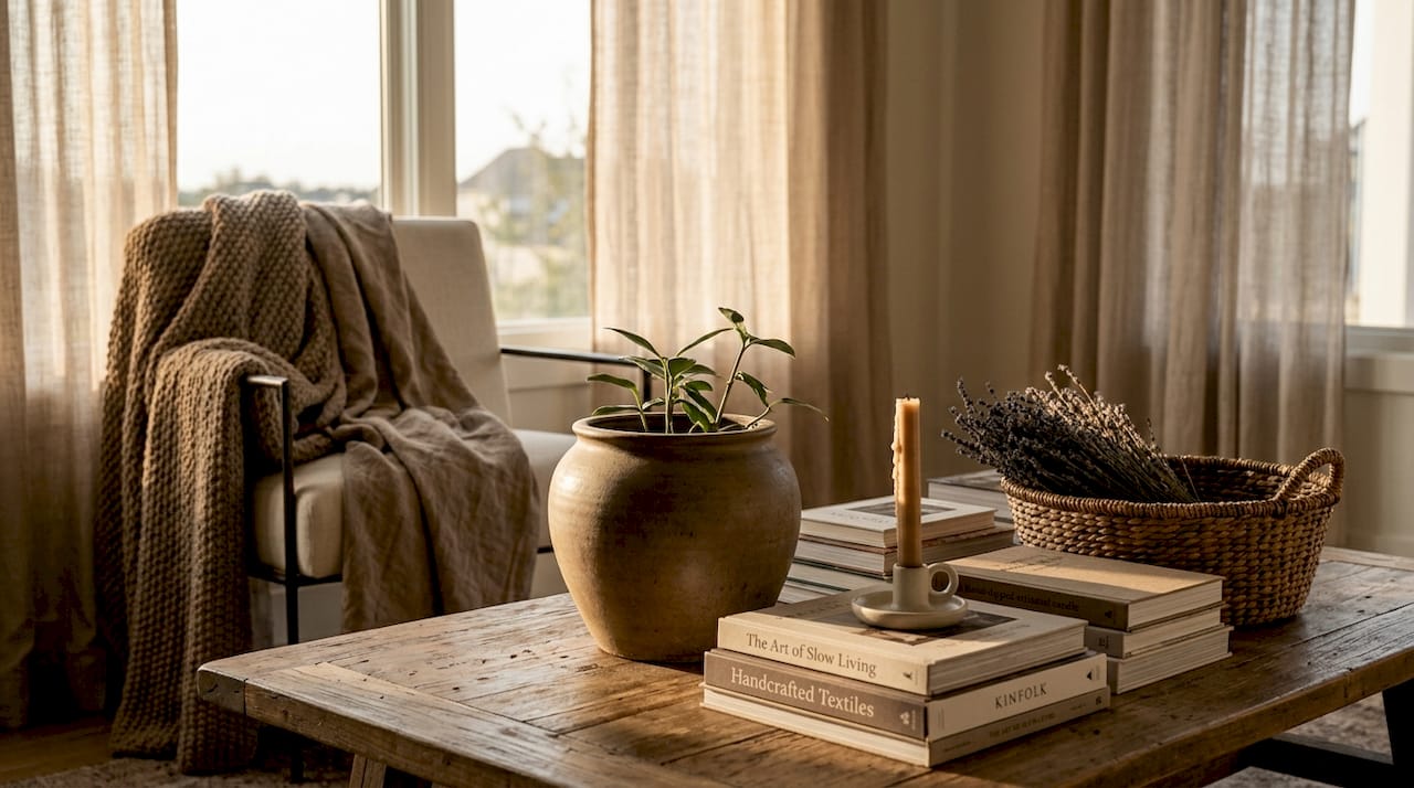 Cozy living room vignette with vase and books