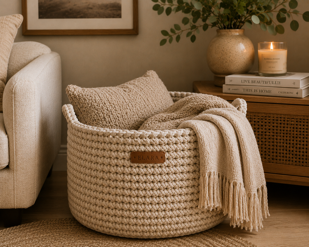ELARA Handmade Neutral Knit Blanket Basket