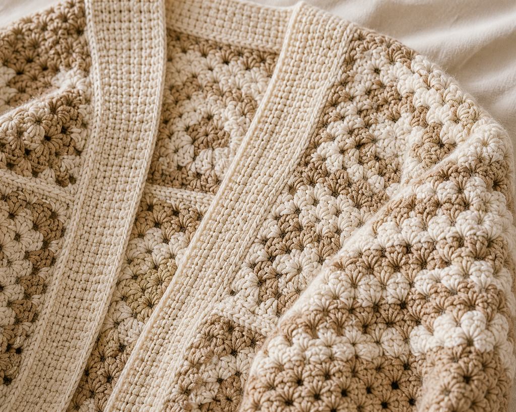 ELARA Handmade Hexagon Crochet Cardigan - Cozy Chunky Knit Layer