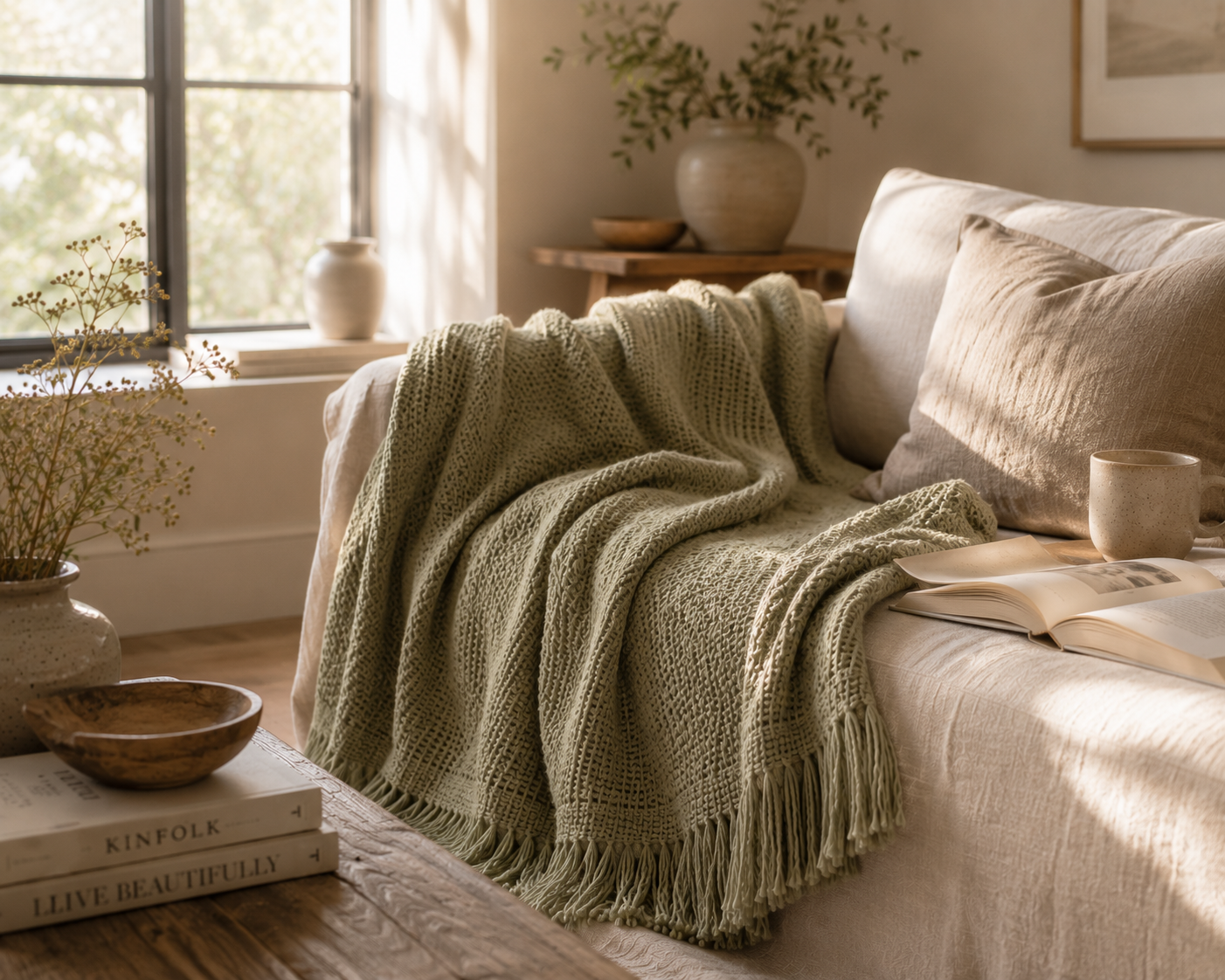ELARA Handmade Soft Sage Textured Throw