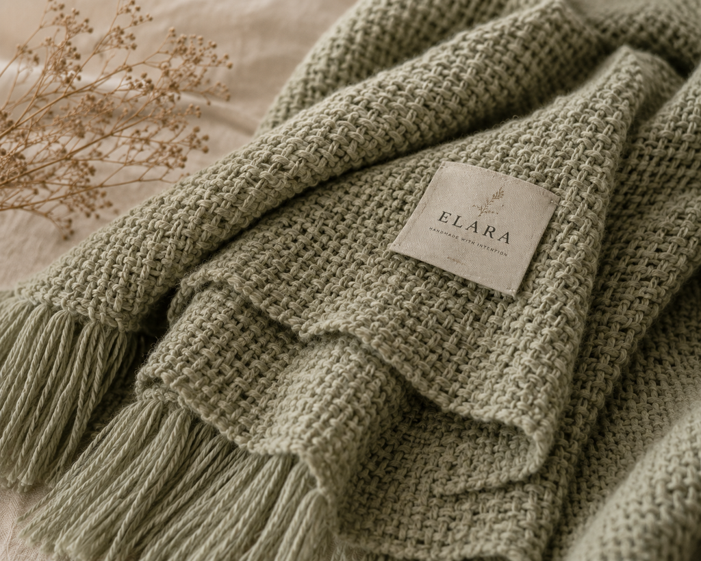 ELARA Handmade Soft Sage Textured Throw