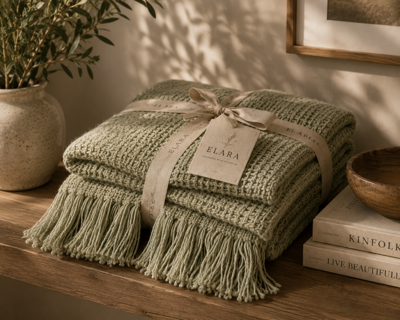 ELARA Handmade Soft Sage Textured Throw