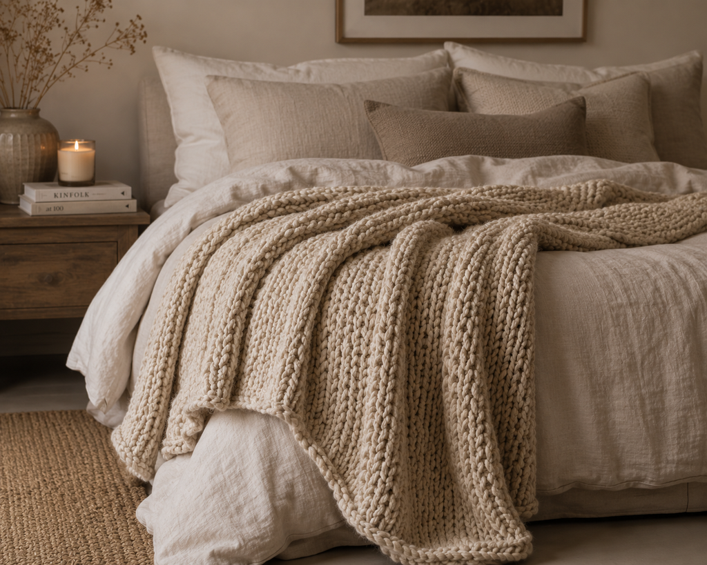 ELARA Handmade Oatmeal Chunky Knit Throw