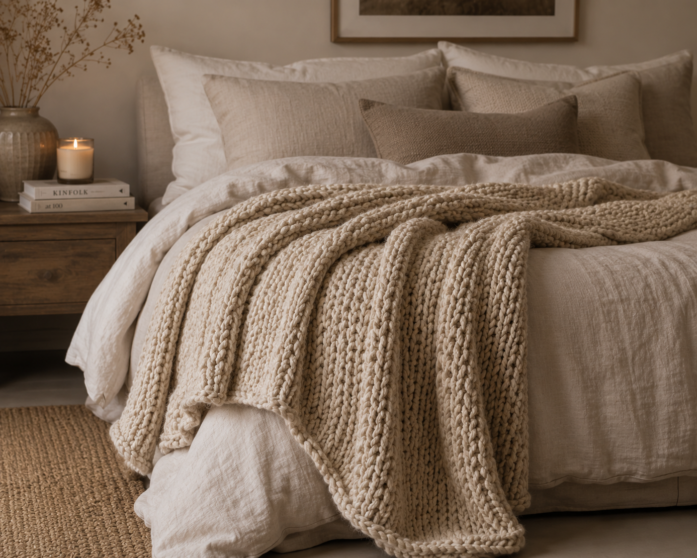 ELARA Handmade Oatmeal Chunky Knit Throw