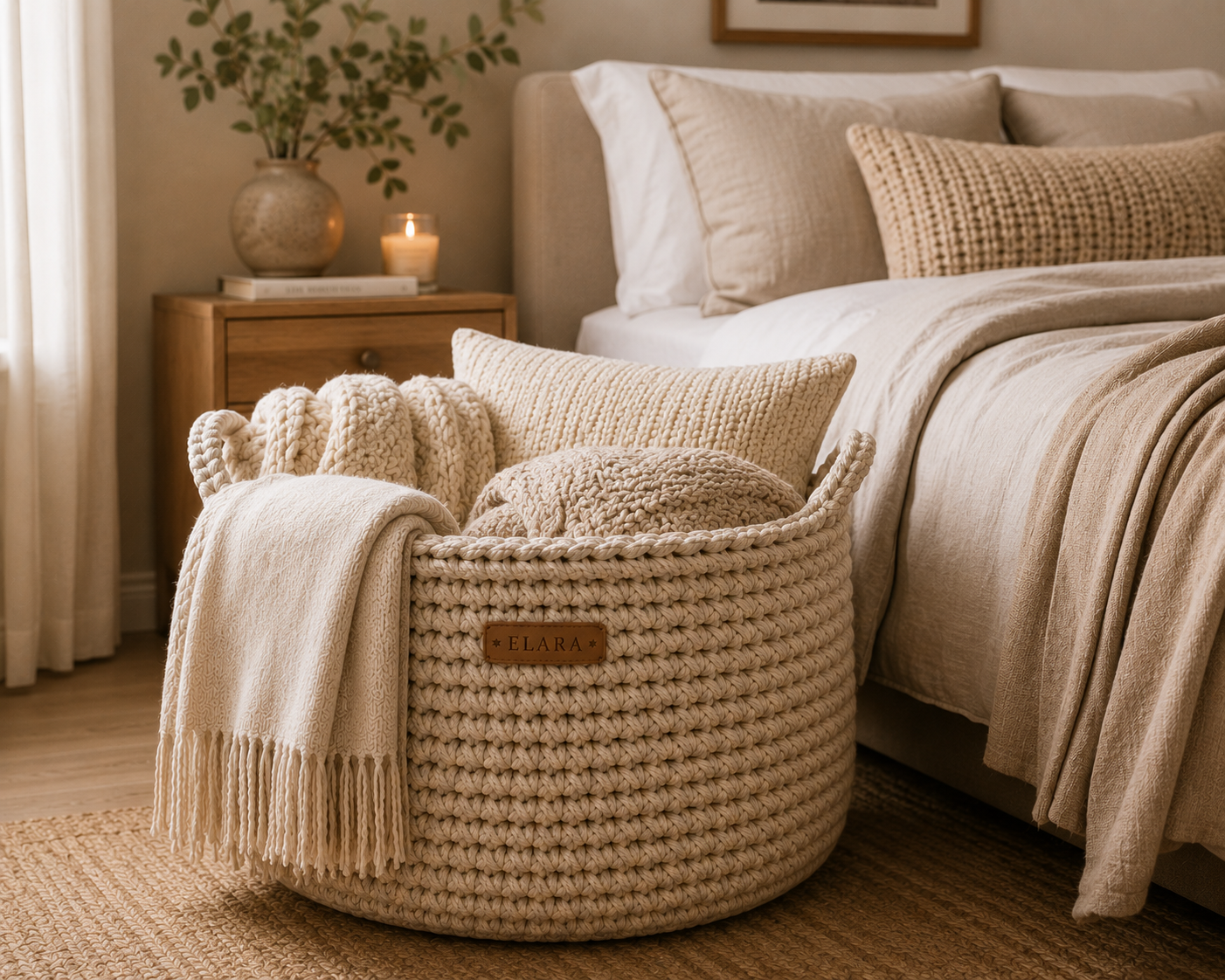 ELARA Handmade Neutral Knit Blanket Basket