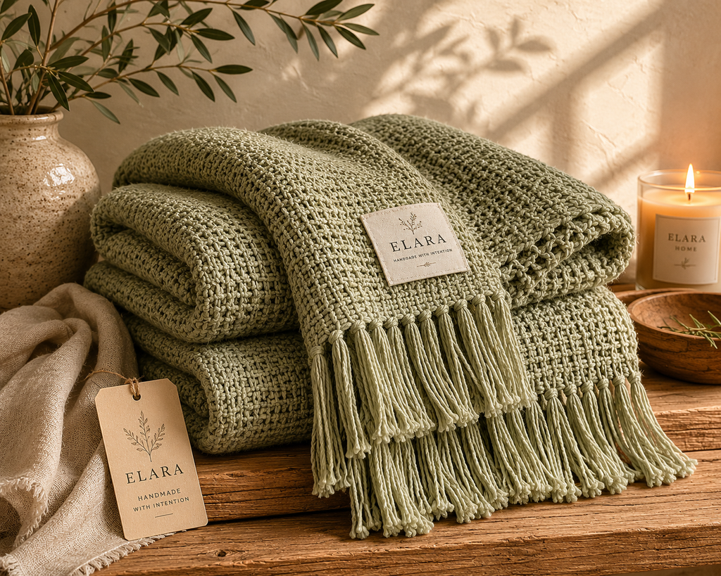 ELARA Handmade Soft Sage Textured Throw