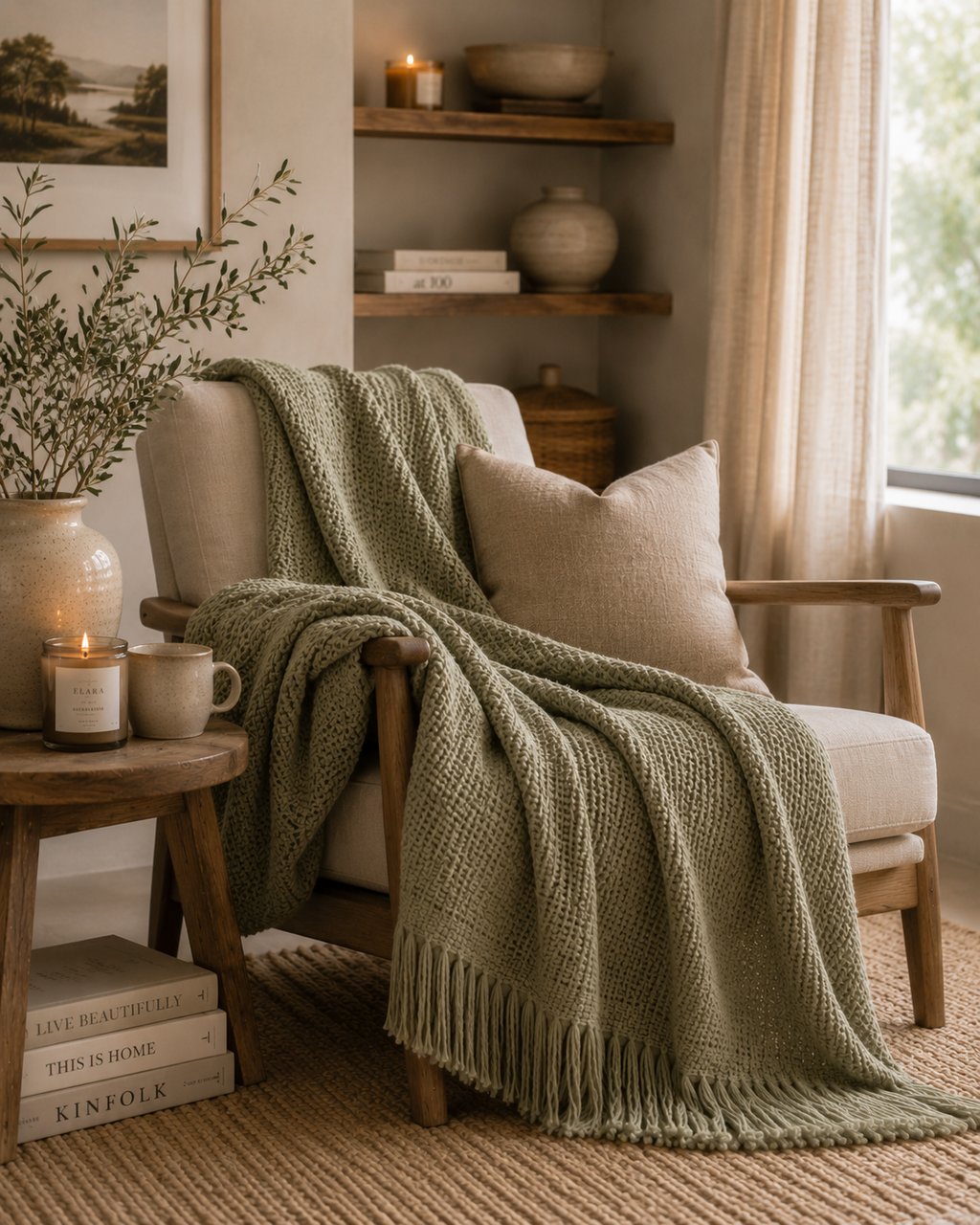 ELARA Handmade Soft Sage Textured Throw