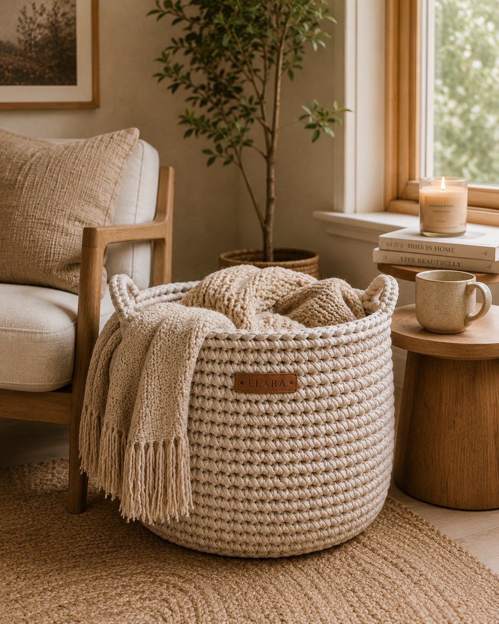 ELARA Handmade Neutral Knit Blanket Basket