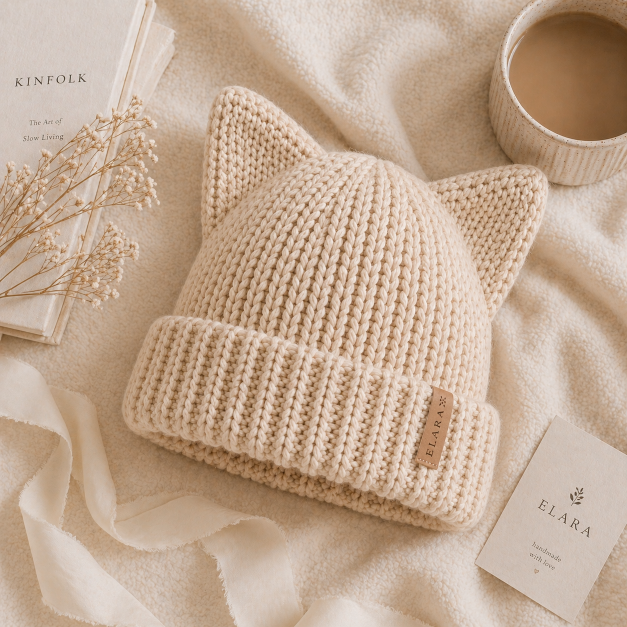 ELARA Handmade Cat Ear Beanie – Cozy Knit Winter Hat