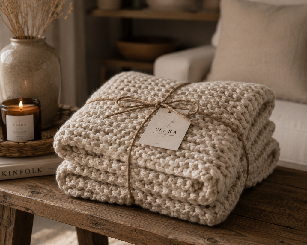 ELARA Handmade Oatmeal Chunky Knit Throw