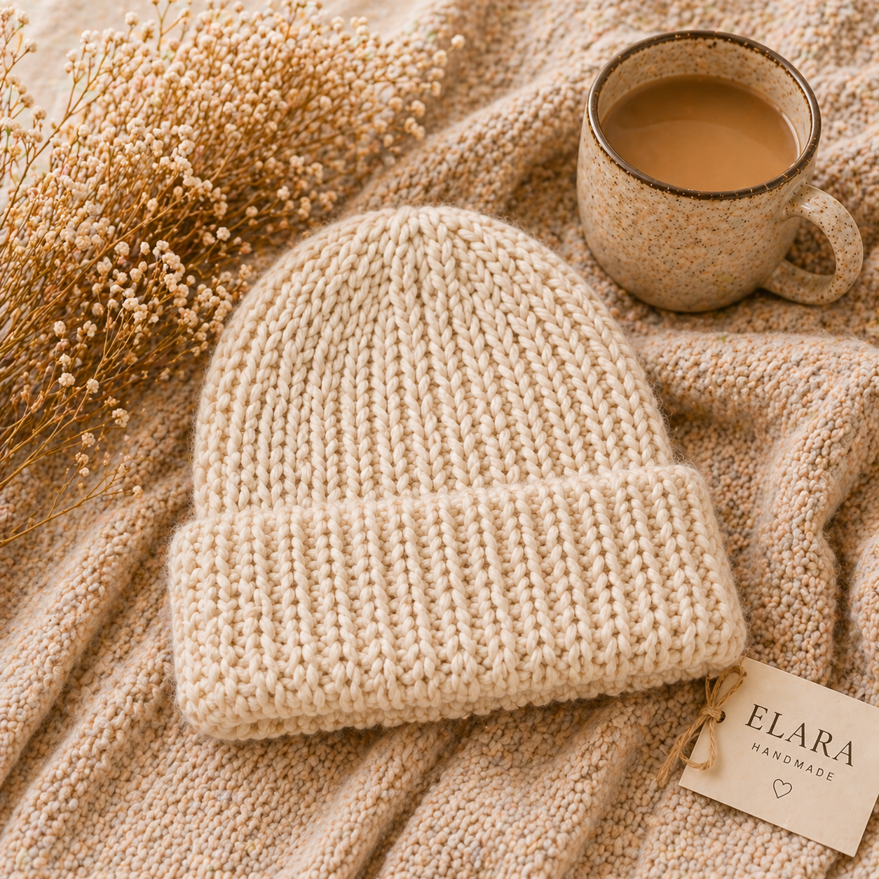 ELARA Handmade Chunky Knit Beanie – Soft Ivory Cozy Hat