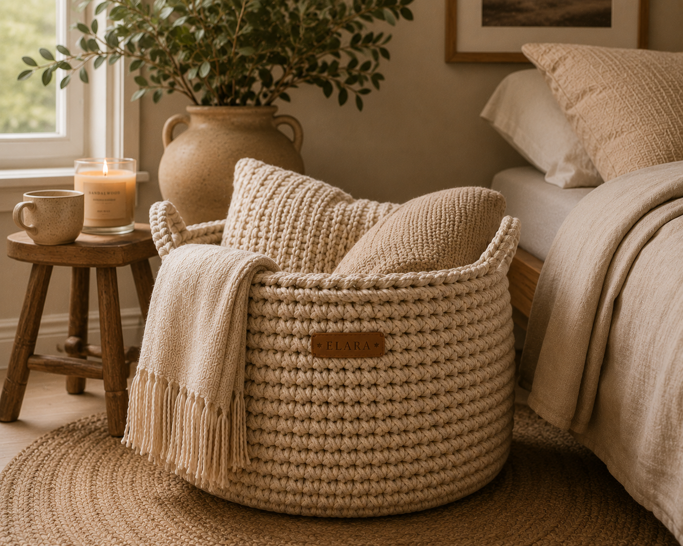 ELARA Handmade Neutral Knit Blanket Basket