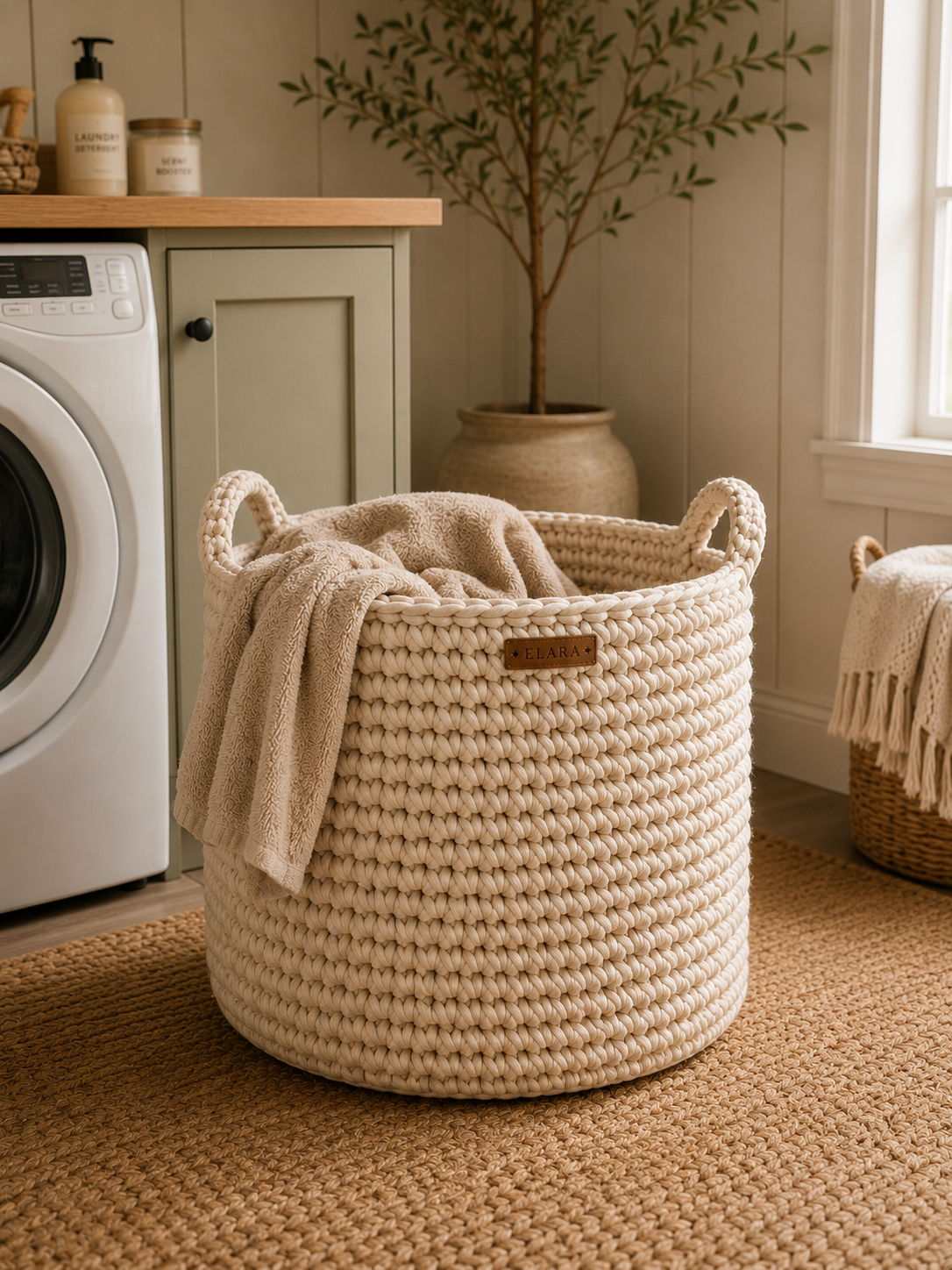ELARA Handmade Soft Oatmeal Laundry Basket