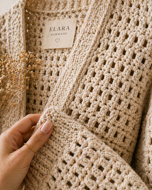 ELARA Handmade Crochet Cardigan – Cozy Lightweight Knit Layer