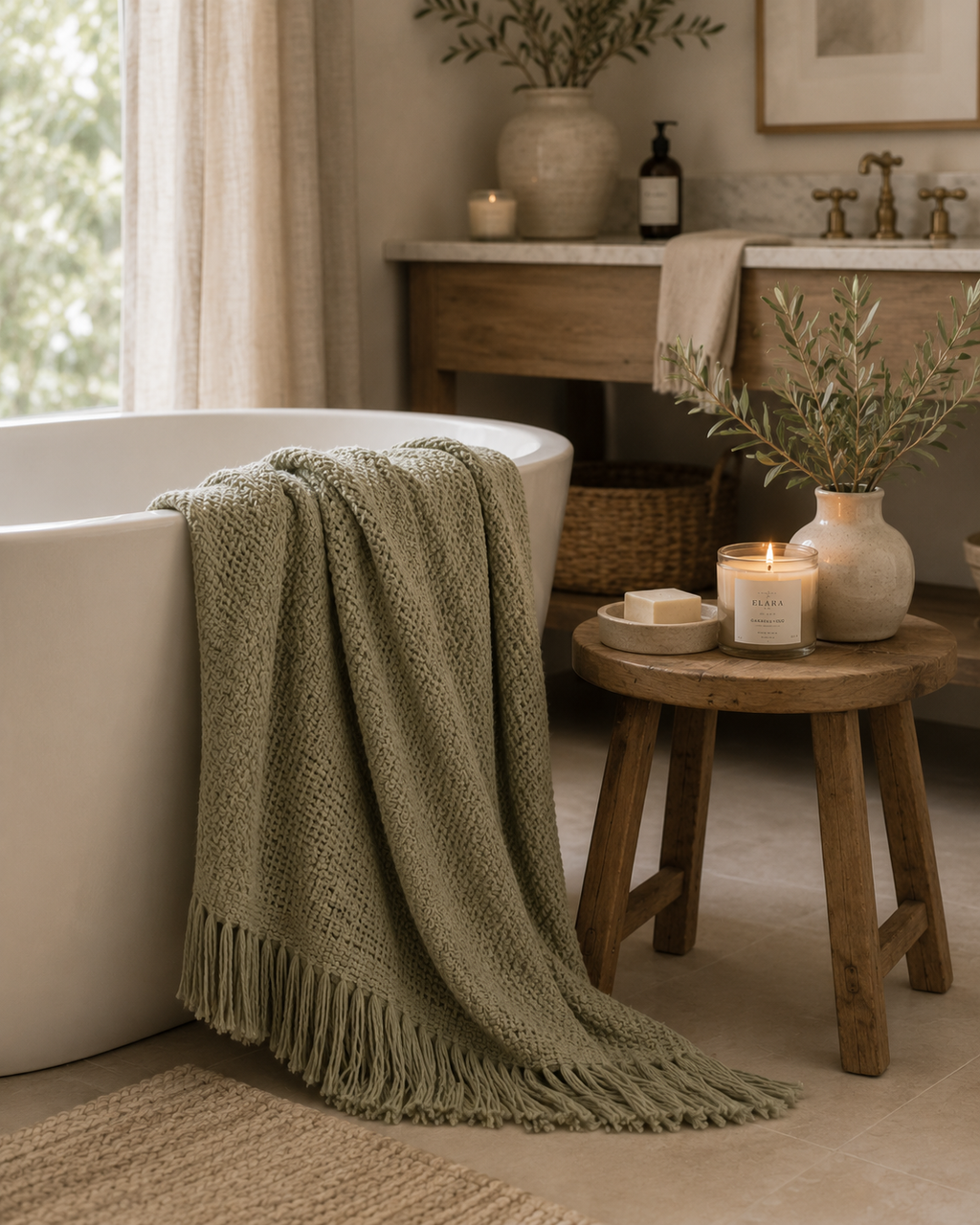 ELARA Handmade Soft Sage Textured Throw