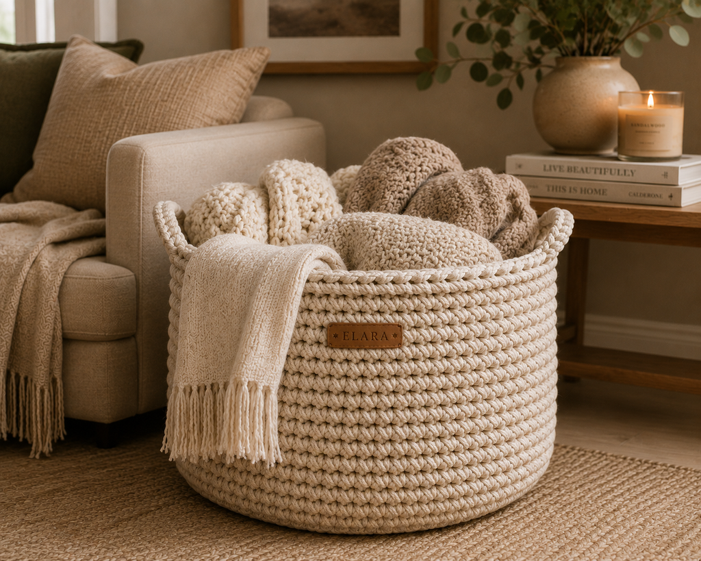 ELARA Handmade Neutral Knit Blanket Basket