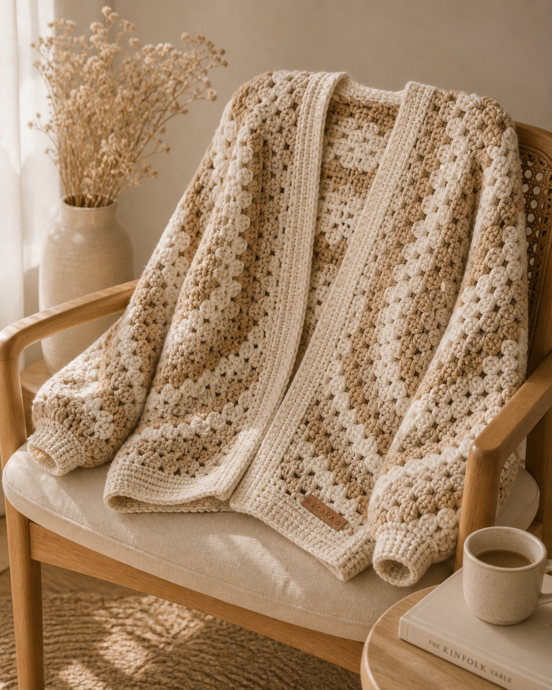 ELARA Handmade Hexagon Crochet Cardigan - Cozy Chunky Knit Layer