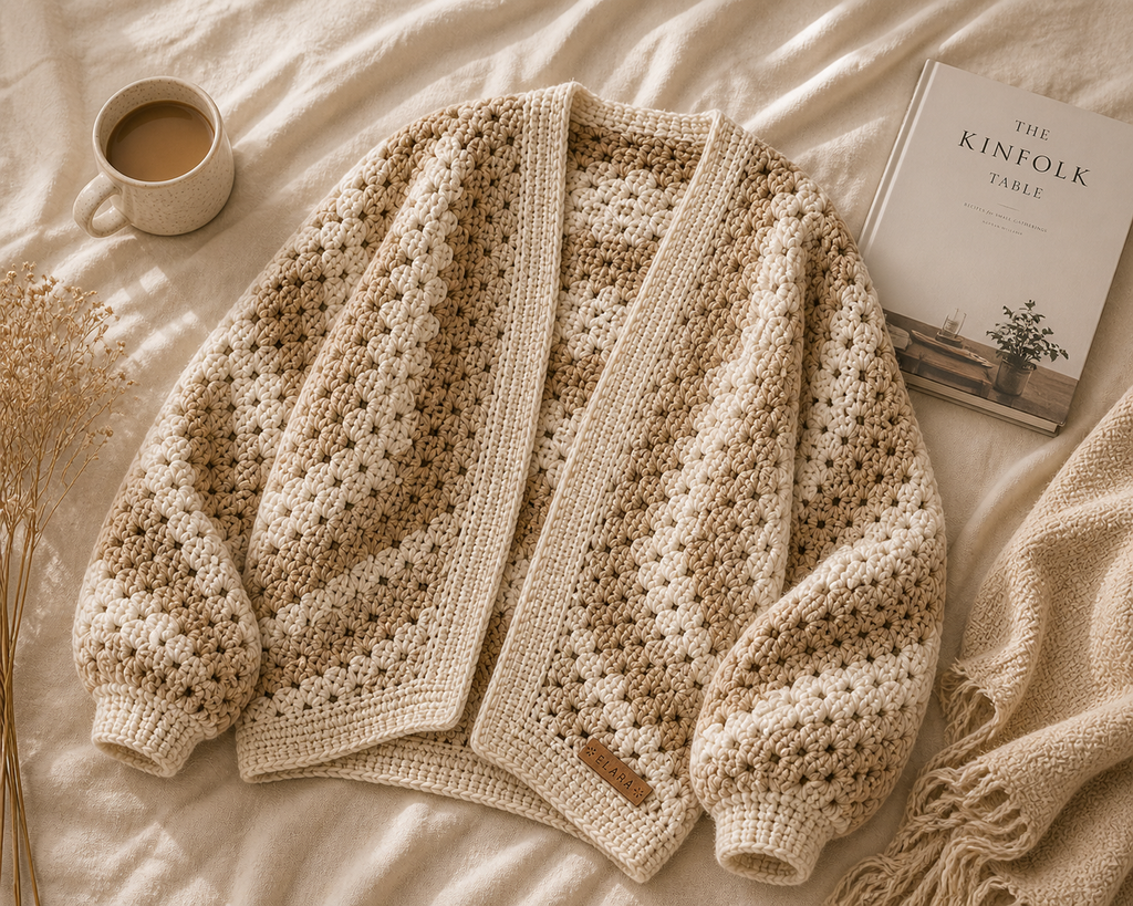 ELARA Handmade Hexagon Crochet Cardigan - Cozy Chunky Knit Layer