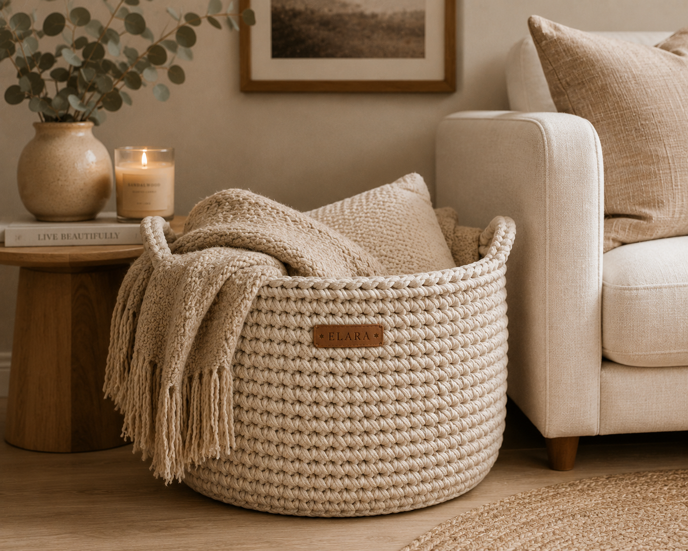 ELARA Handmade Neutral Knit Blanket Basket