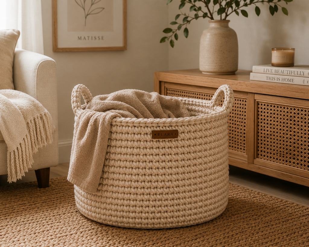 ELARA Handmade Soft Oatmeal Laundry Basket