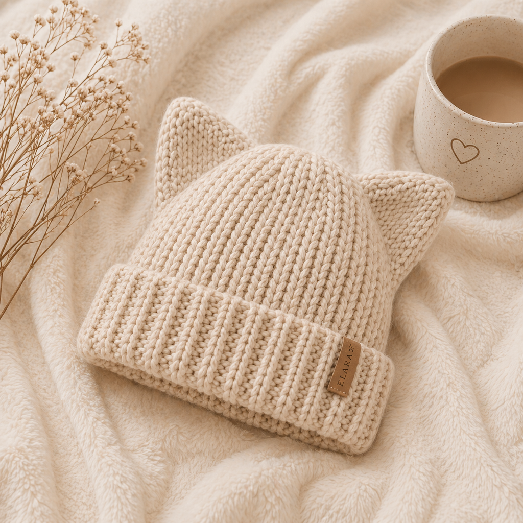 ELARA Handmade Cat Ear Beanie – Cozy Knit Winter Hat