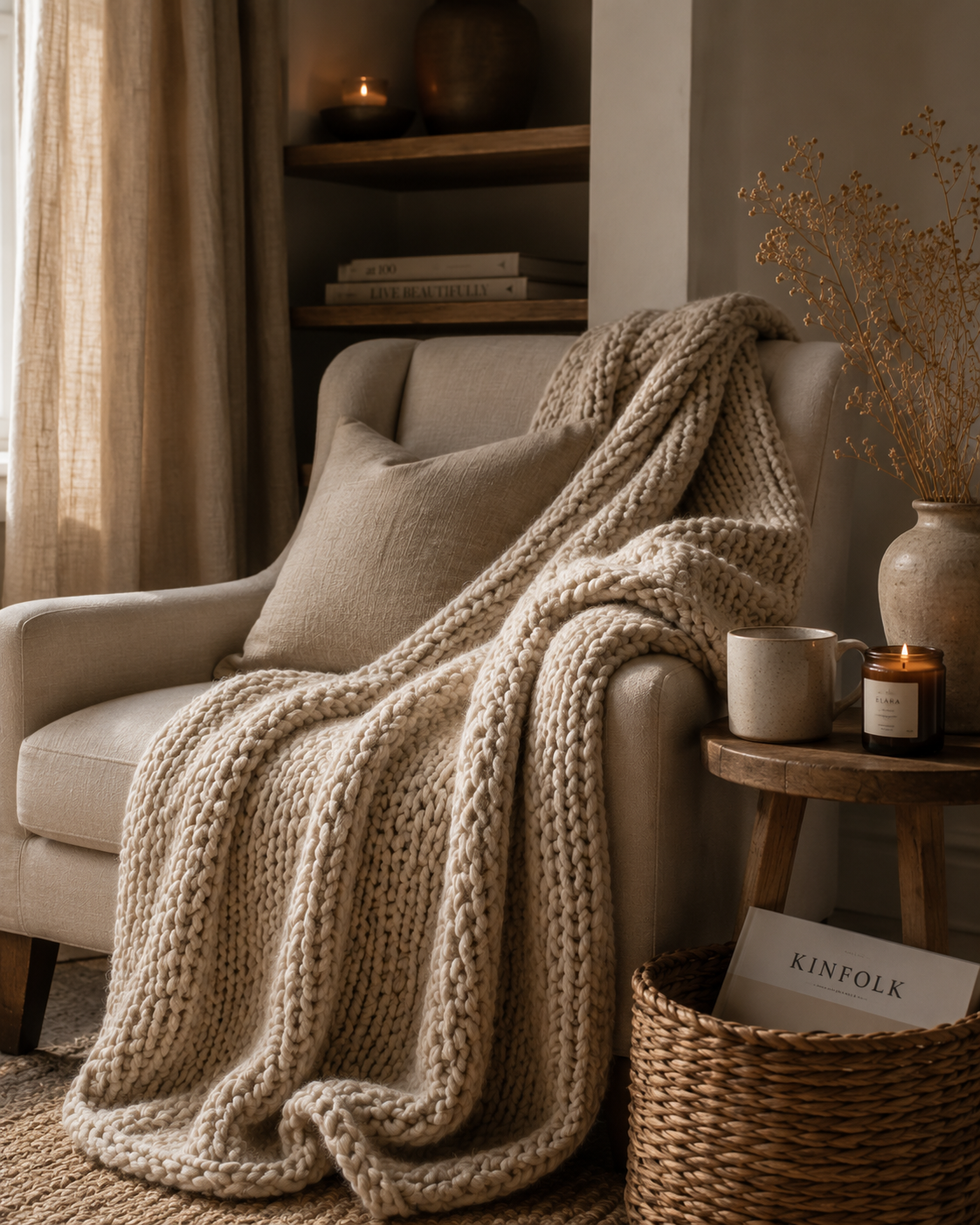 ELARA Handmade Oatmeal Chunky Knit Throw