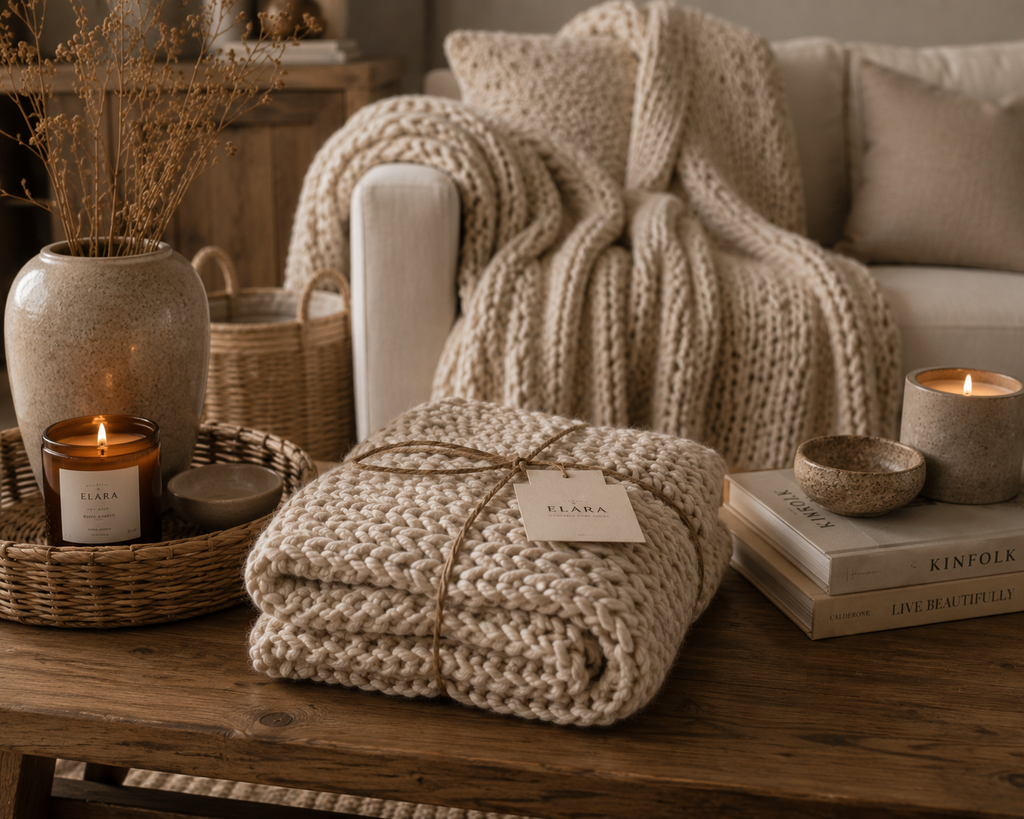 ELARA Handmade Oatmeal Chunky Knit Throw