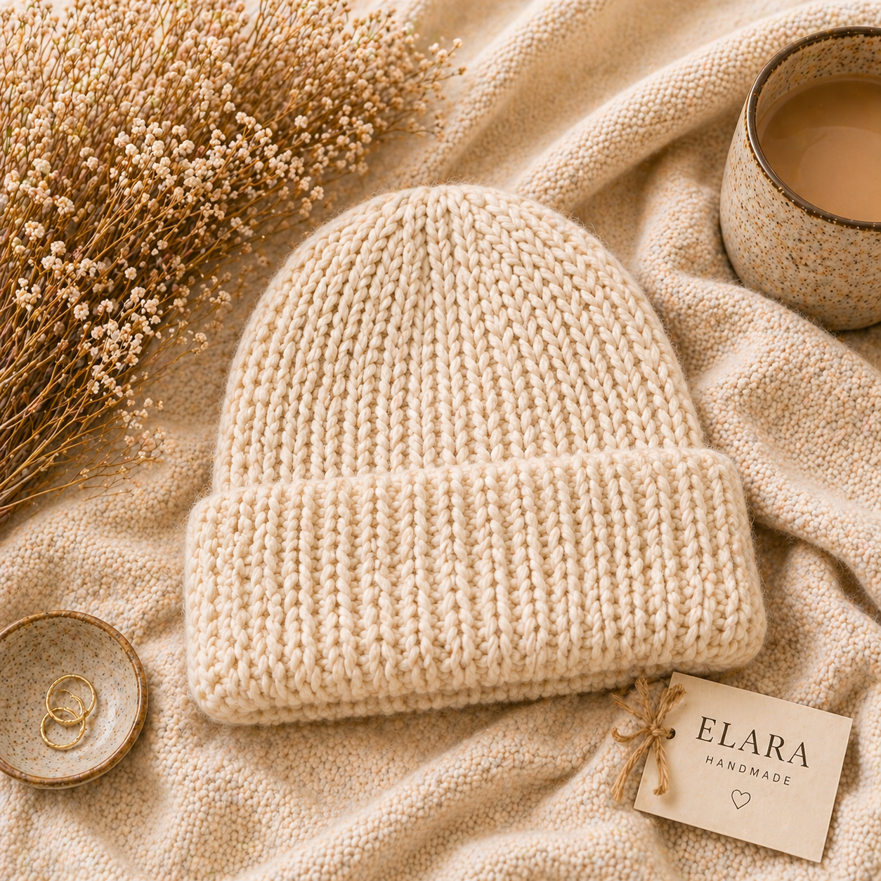 ELARA Handmade Chunky Knit Beanie – Soft Ivory Cozy Hat