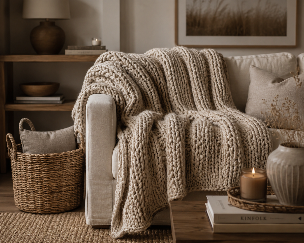 ELARA Handmade Oatmeal Chunky Knit Throw