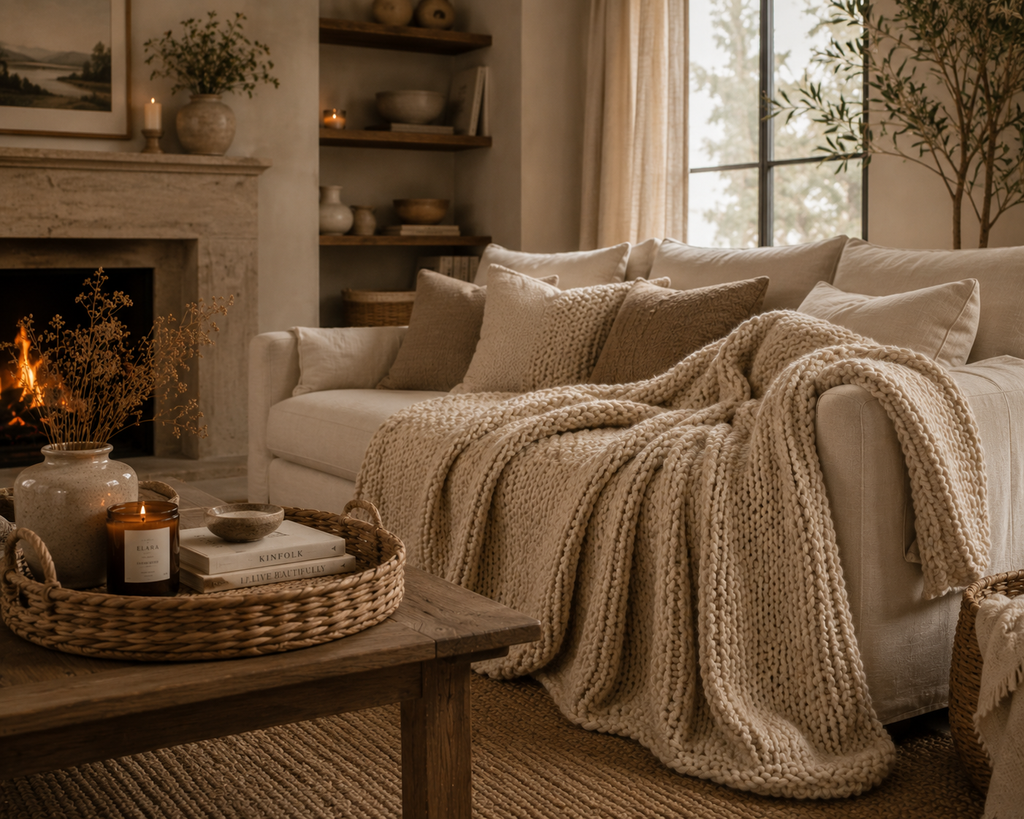 ELARA Handmade Oatmeal Chunky Knit Throw