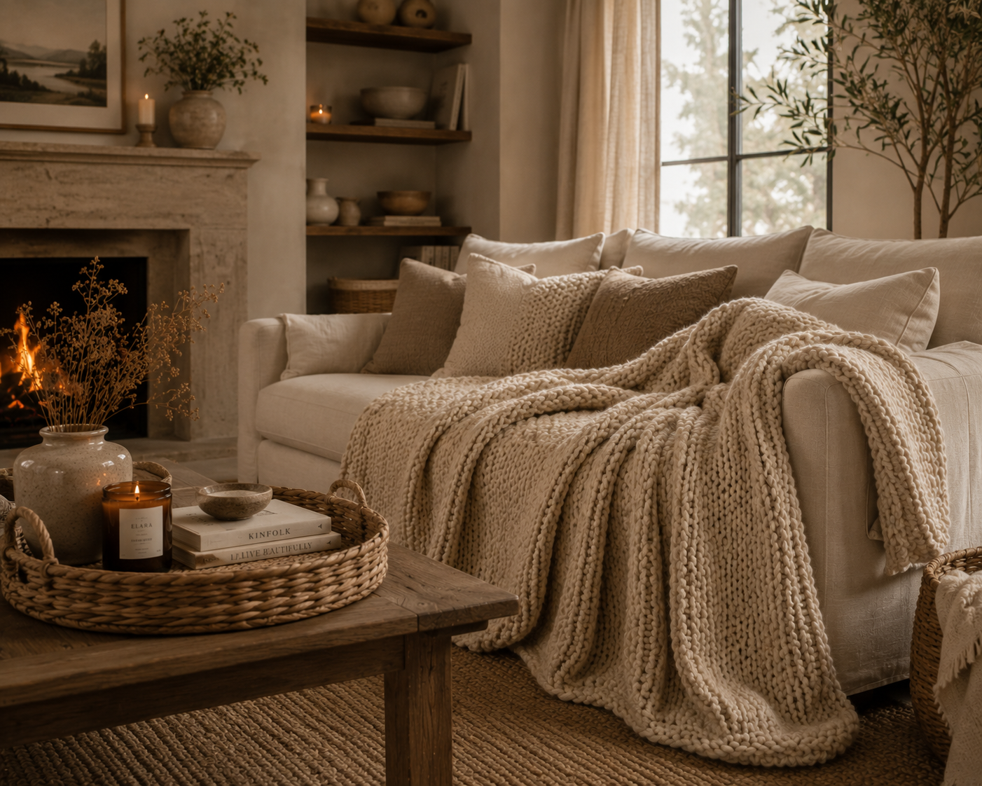 ELARA Handmade Oatmeal Chunky Knit Throw