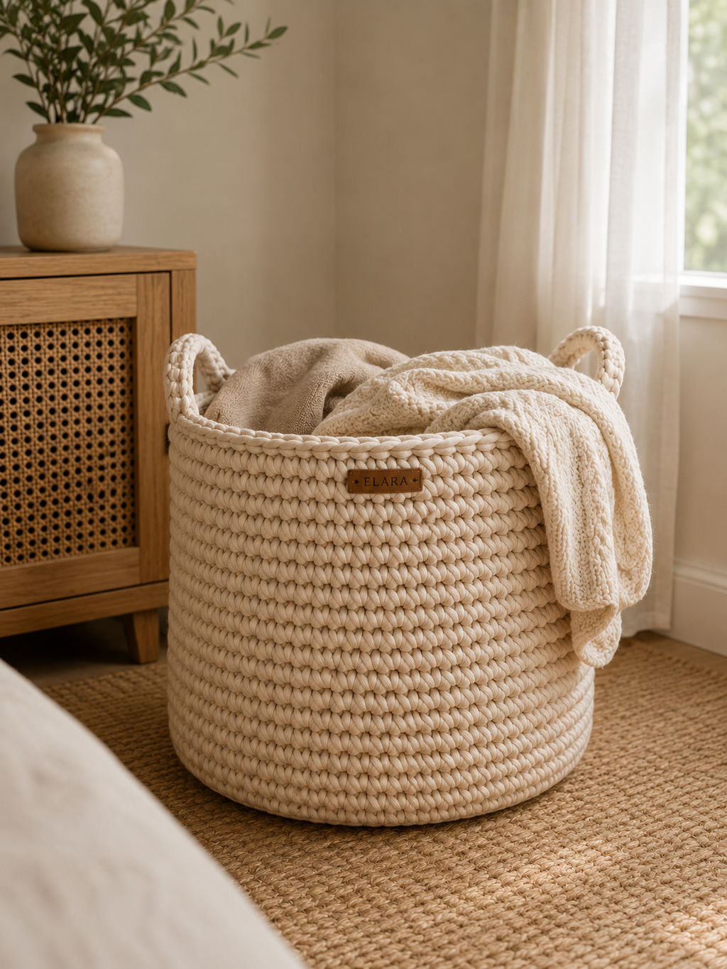ELARA Handmade Soft Oatmeal Laundry Basket