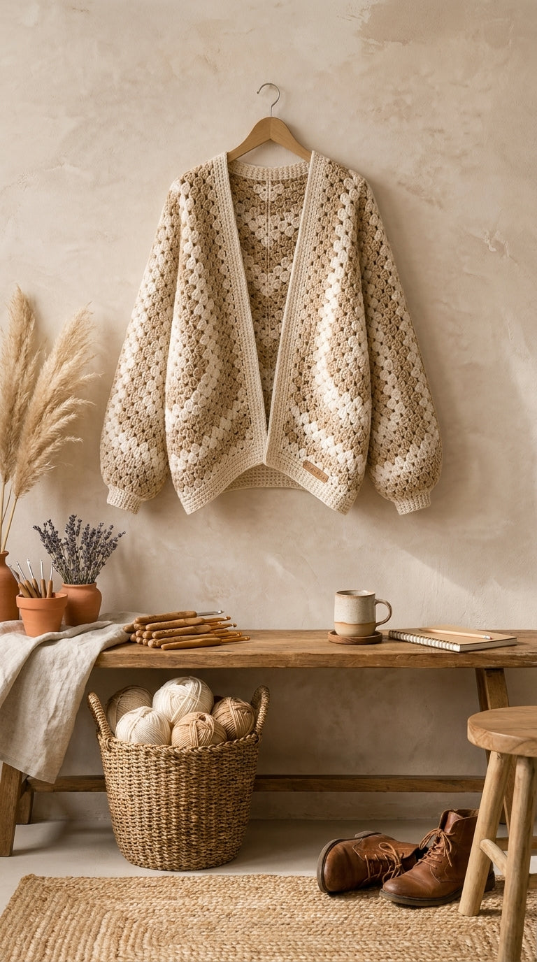 ELARA Handmade Hexagon Crochet Cardigan - Cozy Chunky Knit Layer